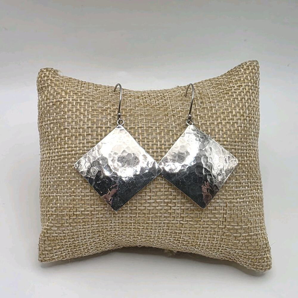 Vintage Sterling Silver Hammered Square Dangle Earrings Minimalist Modern 3.28g